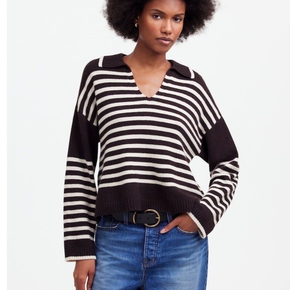Madewell Cashmere Wool Polo Sweater Womens M Brown Striped Preppy Fall 25 Luxe